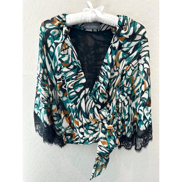 ANTHROPOLOGIE | Black Teal Boho Print Flutter Sleeve V-Neck Lace Trim Top |Small - Picture 1 of 9